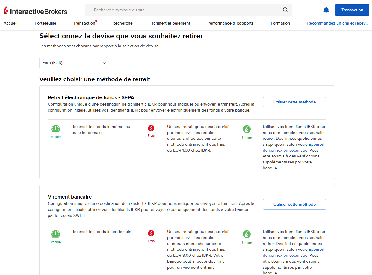 Interface de retrait de fonds