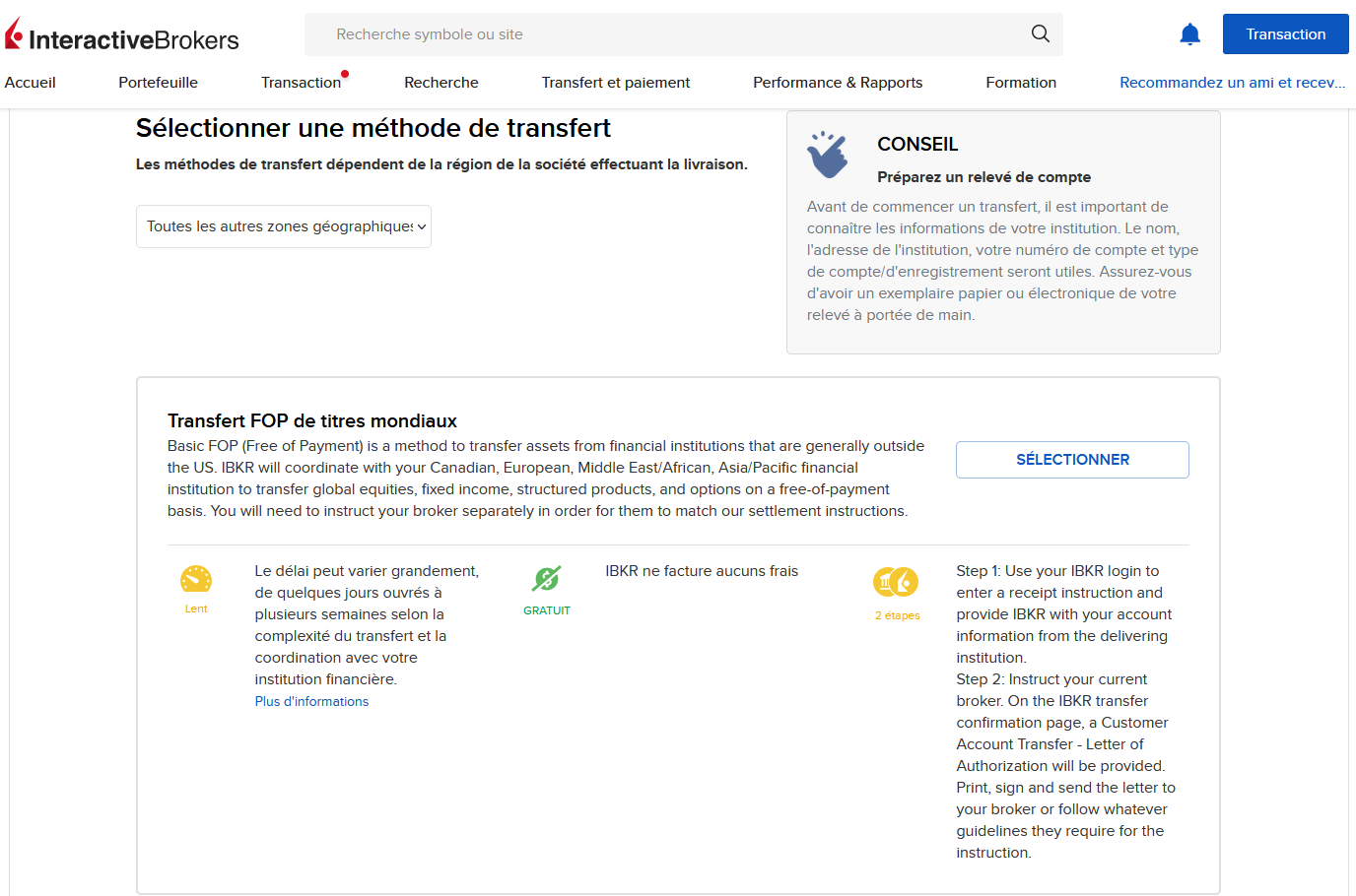 Sélection de la méthode de transfert