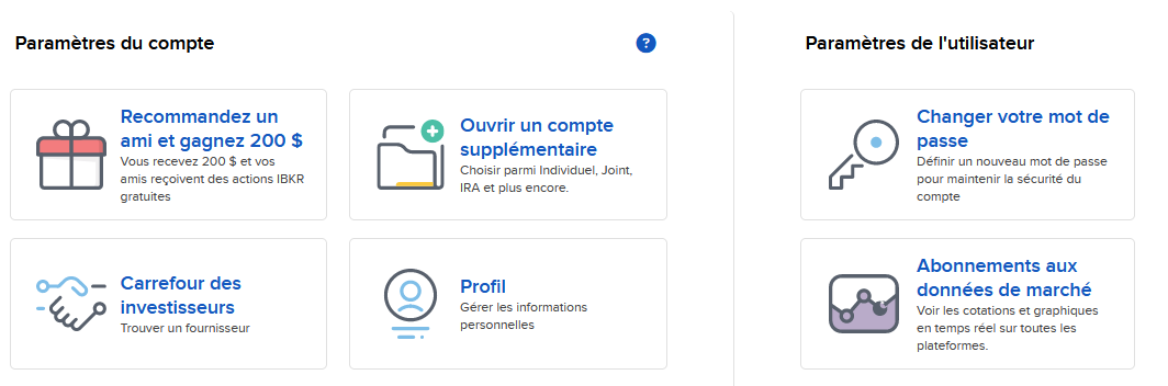 Interface des param&egrave;tres de compte